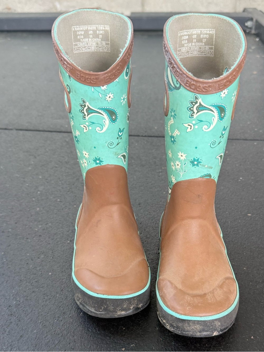 Bogs Boots toddler 11 Brown and Teal Paisley Kids Rain Boots waterproof